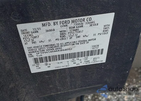 2006 Ford F-150 Fx4/Lariat/Xlt from USA, damaged, VIN 1FTPW14596KB94050